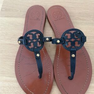 Tory Burch Mini Miller Navy and Brown Leather Sandals